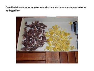 Com florinhas secas as monitoras ensinaram a fazer um íman para colocar
no frigorifico.
 