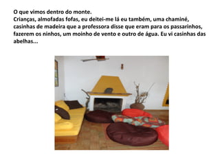 O que vimos dentro do monte.
Crianças, almofadas fofas, eu deitei-me lá eu também, uma chaminé,
casinhas de madeira que a professora disse que eram para os passarinhos,
fazerem os ninhos, um moinho de vento e outro de água. Eu vi casinhas das
abelhas...
 
