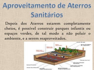 Depois dos Aterros estarem completamente
cheios, é possível construir parques infantis ou
espaços verdes, de tal modo a não poluir o
ambiente, e a serem reaproveitados.
 