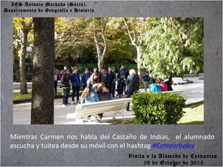 IES Antonio Machado (Soria).
Departamento de Geografía e Historia
Mientras Carmen nos habla del Castaño de Indias, el alumnado
escucha y tuitea desde su móvil con el hashtag #Entreárboles.
Visita a la Alameda de Cervantes.
08 de Octubre de 2015
 