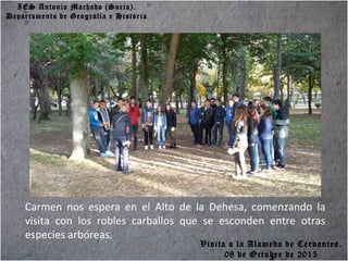 IES Antonio Machado (Soria).
Departamento de Geografía e Historia
Carmen nos espera en el Alto de la Dehesa, comenzando la
visita con los robles carballos que se esconden entre otras
especies arbóreas.
Visita a la Alameda de Cervantes.
08 de Octubre de 2015
 