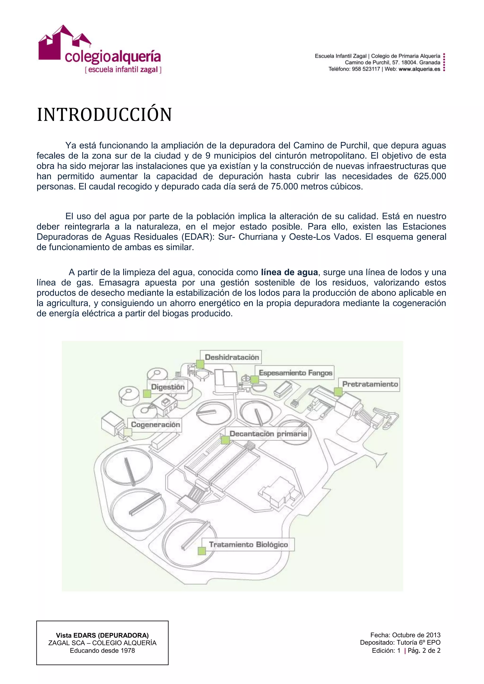 INTRODUCCIÓN
Ya está funcionando la ampliación de la depuradora del Camino de Purchil, que depura aguas
fecales de la zona sur de la ciudad y de 9 municipios del cinturón metropolitano. El objetivo de esta
obra ha sido mejorar las instalaciones que ya existían y la construcción de nuevas infraestructuras que
han permitido aumentar la capacidad de depuración hasta cubrir las necesidades de 625.000
personas. El caudal recogido y depurado cada día será de 75.000 metros cúbicos.
El uso del agua por parte de la población implica la alteración de su calidad. Está en nuestro
deber reintegrarla a la naturaleza, en el mejor estado posible. Para ello, existen las Estaciones
Depuradoras de Aguas Residuales (EDAR): Sur- Churriana y Oeste-Los Vados. El esquema general
de funcionamiento de ambas es similar.
A partir de la limpieza del agua, conocida como línea de agua, surge una línea de lodos y una
línea de gas. Emasagra apuesta por una gestión sostenible de los residuos, valorizando estos
productos de desecho mediante la estabilización de los lodos para la producción de abono aplicable en
la agricultura, y consiguiendo un ahorro energético en la propia depuradora mediante la cogeneración
de energía eléctrica a partir del biogas producido.

Vista EDARS (DEPURADORA)
ZAGAL SCA – COLEGIO ALQUERÍA
Educando desde 1978

Fecha: Octubre de 2013
Depositado: Tutoría 6º EPO
Edición: 1 | Pág. 2 de 2

 