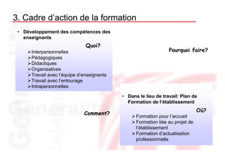 3. Cadre d’action de la formation
 • Développement des compétences des
   enseignants
                               Quoi?
      Interpersonnelles                                          Pourquoi faire?
      Pédagogiques
      Didactiques
      Organisatives
      Travail avec l’équipe d’enseignants
      Travail avec l’entourage
      Intrapersonnelles

                                            • Dans le lieu de travail: Plan de
                                              Formation de l’établissement
                                                                                Où?
                              Comment?
                                                  Formation pour l’accueil
                                                  Formation liée au projet de
                                                  l’établissement
                                                  Formation d’actualisation
                                                  professionnelle
 