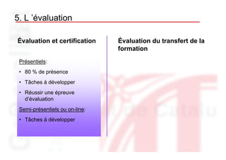 5. L ’évaluation

Évaluation et certification     Évaluation du transfert de la
                                formation
 Présentiels:
 • 80 % de présence
 • Tâches à développer
 • Réussir une épreuve
   d’évaluation
 Semi-présentiels ou on-line:
 • Tâches à développer
 
