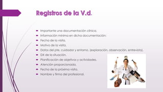 .
 Importante una documentación clínica.
 Información mínima en dicha documentación:
 Fecha de la visita.
 Motivo de la visita.
 Datos del pte, cuidador y entorno, (exploración, observación, entrevista).
 DX de la situación.
 Planificación de objetivos y actividades.
 Atención proporcionada.
 Fecha de la próxima visita.
 Nombre y firma del profesional.
 