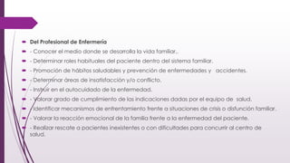  Del Profesional de Enfermería
 - Conocer el medio donde se desarrolla la vida familiar,.
 - Determinar roles habituales del paciente dentro del sistema familiar.
 - Promoción de hábitos saludables y prevención de enfermedades y accidentes.
 - Determinar áreas de insatisfacción y/o conflicto.
 - Instruir en el autocuidado de la enfermedad.
 - Valorar grado de cumplimiento de las indicaciones dadas por el equipo de salud.
 - Identificar mecanismos de enfrentamiento frente a situaciones de crisis o disfunción familiar.
 - Valorar la reacción emocional de la familia frente a la enfermedad del paciente.
 - Realizar rescate a pacientes inexistentes o con dificultades para concurrir al centro de
salud.
 