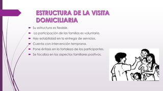  Su estructura es flexible.
 La participación de las familias es voluntaria.
 Hay estabilidad en la entrega de servicios.
 Cuenta con intervención temprana.
 Pone énfasis en la fortaleza de los participantes.
 Se focaliza en los aspectos familiares positivos.
 