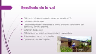  Difícil en la primera, completando en las sucesivas V.D.
 La información incluye:
 Datos de la persona a la que se le presta atención, condiciones del
domicilio y entorno próximo.
 Se toman 3 aspectos:
 A) Establecer los objetivos corto mediano y largo plazo.
 B) Acuerdo o pacto con la familia.
 C) Poder alcanzar los objetivo.
 