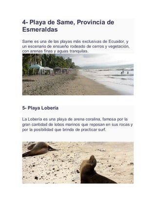 4- Playa de Same, Provincia de
Esmeraldas
Same es una de las playas más exclusivas de Ecuador, y
un escenario de ensueño rodeado de cerros y vegetación,
con arenas finas y aguas tranquilas.
5- Playa Lobería
La Lobería es una playa de arena coralina, famosa por la
gran cantidad de lobos marinos que reposan en sus rocas y
por la posibilidad que brinda de practicar surf.
 