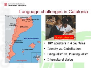 Language challenges in Catalonia 10M speakers in 4 countries Identity vs. Globalisation Bilingualism vs. Plurilingualism Intercultural dialog  Social cohesion 