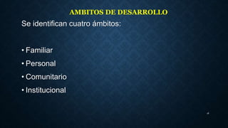 Se identifican cuatro ámbitos:
• Familiar
• Personal
• Comunitario
• Institucional
18
AMBITOS DE DESARROLLO
 