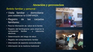 Ámbito familiar y personal :
• Visita familiar – domiciliaria:
para establecer la CONFIANZA.
• Registro de las carpetas
familiares:
• Para la información de salud de la familia.
• Registro del familiograma: para observar la
composición familiar y relaciones
afectivas.
• Determinación del riesgo de salud.
• Registro del comportamiento familiar
• Información de aspectos socioculturales
• Información de la medicina tradicional 19
Atención y prevencion
 