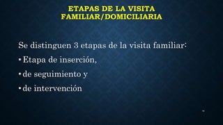 ETAPAS DE LA VISITA
FAMILIAR/DOMICILIARIA
Se distinguen 3 etapas de la visita familiar:
• Etapa de inserción,
• de seguimiento y
• de intervención
29
 