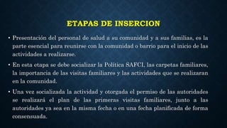 ETAPAS DE INSERCION
• Presentación del personal de salud a su comunidad y a sus familias, es la
parte esencial para reunirse con la comunidad o barrio para el inicio de las
actividades a realizarse.
• En esta etapa se debe socializar la Política SAFCI, las carpetas familiares,
la importancia de las visitas familiares y las actividades que se realizaran
en la comunidad.
• Una vez socializada la actividad y otorgada el permiso de las autoridades
se realizará el plan de las primeras visitas familiares, junto a las
autoridades ya sea en la misma fecha o en una fecha planificada de forma
consensuada.
 