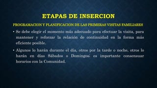 ETAPAS DE INSERCION
PROGRAMACION Y PLANIFICACION DE LAS PRIMERAS VISITAS FAMILIARES
• Se debe elegir el momento más adecuado para efectuar la visita, para
mantener y reforzar la relación de continuidad en la forma más
eficiente posible.
• Algunos lo harán durante el día, otros por la tarde o noche, otros lo
harán en días Sábados o Domingos; es importante consensuar
horarios con la Comunidad.
 