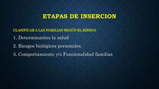 ETAPAS DE INSERCION
CLASIFICAR A LAS FAMILIAS SEGÚN EL RIESGO
1. Determinantes la salud
2. Riesgos biológicos personales.
3. Comportamiento y/o Funcionalidad familiar.
 