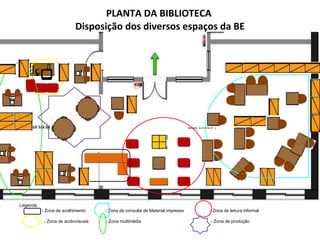PLANTA DA BIBLIOTECA  Disposição dos diversos espaços da BE    Legenda: - Zona de acolhimento  - Zona de consulta de Material impresso  - Zona de leitura informal    - Zona de audiovisuais  - Zona multimédia  - Zona de produção 