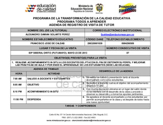 Calle 43 No. 57-14 Centro Administrativo Nacional, CAN, Bogotá, D.C.
PBX: (057) (1) 222 2800 - Fax 222 4953
www.mineducacion.gov.co - atencionalciudadano@mineducacion.gov.co
PROGRAMA DE LA TRANSFORMACIÓN DE LA CALIDAD EDUCATIVA
PROGRAMA TODOS A APRENDER
AGENDA DE REGISTRO DE VISITA DE TUTOR
NOMBRE DEL (DE LA) TUTOR(A): CORREO ELECTRÓNICO INSTITUCIONAL
ALEXANDRO DAMIAN SOLARTE PEREZ fjcaldas@sedputumayo.gov.co
NOMBRE ESTABLECIMIENTO EDUCATIVO CÓDIGO DANE TELÉFONO ESTABLECIMIENTO
FRANCISCO JOSE DE CALDAS 286320001839 0984290509
LUGAR Y FECHA DE LA VISITA NÚMERO CONSECUTIVO DE VISITA
IDP SIBERIA, ORITO (PUTUMAYO). MAYO 23 DE 2013 07
OBJETIVO(S) PREVISTO(S) PARA LA VISITA
1. REALIZAR ACOMPAÑAMIENTO IN SITU A LOS DOCENTES DEL PTACON EL FIN DE OBTENER SU PERFIL Y MEJORAR
LAS PRÁCTICAS DE AULA Y POR ENDE EL APRENDIZAJE DE LOS ESTUDIANTES (SEDE LAS DELICIAS).
AGENDA DE TRABAJO
DESARROLLO DE LAAGENDA
HORA ACTIVIDAD
7:00 AM SALUDO A DOCENTE Y ESTUDIANTES
1. Se realiza un saludo y presentación tanto al docente
acompañado como a los estudiantes.
8:05 AM OBJETIVO
2. Se explica al docente cual es el objetivo del acompañamiento
situado o “in situ”.
8:10 PM ACOMPAÑAMIENTO IN SITU
3. Con mucha discreción ubicarse en un lugar del salón donde
no se interfiera con el desarrollo de la clase y procede a
observar su desarrollo y a tomar los apuntes pertinentes.
11:50 PM DESPEDIDA
4. Se agradece al docente acompañado y a los estudiantes por
permitir acompañarlos en la clase y se despide de todos hasta
una nueva oportunidad.
TAREAS Y COMPROMISOS
 
