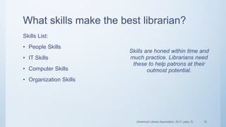 What skills make the best librarian?
Skills List:
• People Skills
• IT Skills
• Computer Skills
• Organization Skills
Skills are honed within time and
much practice. Librarians need
these to help patrons at their
outmost potential.
(American Library Association, 2017, para. 3) 12
 