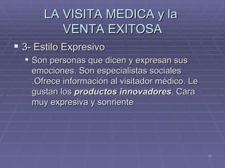 LA VISITA MEDICA y la  VENTA EXITOSA 3- Estilo Expresivo  Son personas que dicen y expresan sus emociones. Son especialistas sociales .Ofrece información al visitador médico. Le gustan los  productos innovadores . Cara muy expresiva y sonriente 