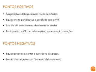 PONTOS POSITIVOS
§ A reposição e dobras estavam muito bem feitos.
§ Equipe muito participativa e envolvida com o VM.
§ Sala do VM bem arrumada facilitando as tarefas
§ Participação da VR com informações para execução das ações.
PONTOS NEGATIVOS
§ Equipe precisa se atentar a passadoria das peças.
§ Sessão dos calçados com “buracos” (faltando tênis).
 