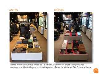 DEPOISANTES
Nesta mesa colocamos todas as T’s a R$89. Fizemos os cross com produtos
com oportunidade de preço. Já coloquei as placas da iniciativa SALE para adiantar.
 