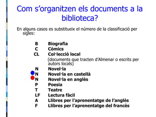 Com s’organitzen els documents a la biblioteca? En alguns casos es substitueix el número de la classificació per sigles:   B Biografia   C Còmics   CL Col·lecció local   (documents que tracten d’Almenar o escrits per  autors locals)    N Novel·la   N Novel·la en castellà   N Novel·la en anglès   P Poesia   T Teatre   LF Lectura fàcil   A Llibres per l’aprenentatge de l’anglès   F Llibres per l’aprenentatge del francès 