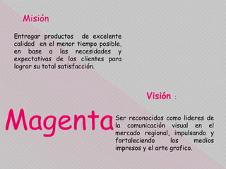 Misión
Visión :
Entregar productos de excelente
calidad en el menor tiempo posible,
en base a las necesidades y
expectativas de los clientes para
lograr su total satisfacción.
Ser reconocidos como lideres de
la comunicación visual en el
mercado regional, impulsando y
fortaleciendo los medios
impresos y el arte grafico.
Magenta
 