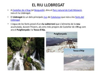 EL RIU LLOBREGAT
• El Llobregat és un dels principals rius de Catalunya que neix a les fonts del
Llobregat
• L'aigua de les fonts prové d'un riu subterrani que s'alimenta de la neu
acumulada, durant l'hivern, als cims més propers de Castellar de n’’Hug com
ara el Puigllançada i la Tossa d'Alp.
• A Castellar de n'Hug (el Berguedà), dins el Parc natural de Cadí-Moixeró,
neix el riu Llobregat.
Puigllançada
Tossa d’Alp
 