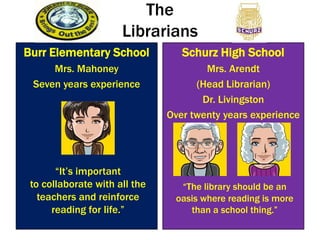 TheLibrarians  Burr Elementary School Mrs. Mahoney  Seven years experience  Schurz High School Mrs. Arendt  (Head Librarian) Dr. Livingston  Over twenty years experience “It’s important                        to collaborate with all the teachers and reinforce reading for life.” “The library should be an oasis where reading is more than a school thing.”  