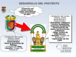 DESARROLLO DEL PROYECTO
                    • Grabación del
                    núcleo urbano.
                • Vistas panorámicas.
                  • Para el municipio
                        de Ojén.
                                          • Grabación del núcleo
                                                urbano, vistas
                                               panorámicas y
                                                monumentos.
                                        • Anécdotas callejeras.
                                          • Centro Guadalinfo.
                                        • Usuarios Guadalinfo.
                                            • Participación de
                                          todas las provincias
                                                 andaluzas.
                                             • Blog: centro de
                                                información.
                                          • Desafio “Imagen de
 • Grabación del núcleo                          Andalucía”.
      urbano, vistas                       • Inplicación de los
      panorámicas y                                 CAPI.
      monumentos.
• Para la provincia de
         Málaga.
   • Creación del blog.
 • Desafio “Imagen de
        Andalucía”
 