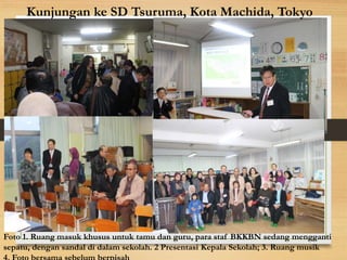 Kunjungan ke SD Tsuruma, Kota Machida, Tokyo
Presentasi Kepala Sekolah
Foto 1. Ruang masuk khusus untuk tamu dan guru, para staf BKKBN sedang mengganti
sepatu, dengan sandal di dalam sekolah. 2 Presentasi Kepala Sekolah; 3. Ruang musik
 
