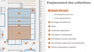 14
Emplacement des collections
1
2
3
4
5
5
• Magasin des cartes
• Photographies aériennes
• Cartes géographiques
• Ouvrages de référence
• Atlas
• Collections générales
• Ouvrages en statistiques
• Périodiques (année courante)
• Nouveautés (sapin de la connaissance)
• Vitrine d’exposition et globes
6
7
1
2
3
4
5
6
7
«
8
8
8
8
 