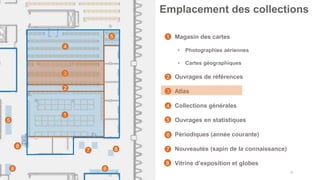 20
Emplacement des collections
1
2
3
4
5
5
• Magasin des cartes
• Photographies aériennes
• Cartes géographiques
• Ouvrages de références
• Atlas
• Collections générales
• Ouvrages en statistiques
• Périodiques (année courante)
• Nouveautés (sapin de la connaissance)
• Vitrine d’exposition et globes
6
7
1
2
3
4
5
6
7
8
8
8
8
 