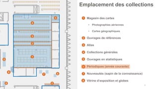 27
Emplacement des collections
1
2
3
4
5
5
• Magasin des cartes
• Photographies aériennes
• Cartes géographiques
• Ouvrages de références
• Atlas
• Collections générales
• Ouvrages en statistiques
• Périodiques (année courante)
• Nouveautés (sapin de la connaissance)
• Vitrine d’exposition et globes
6
7
1
2
3
4
5
6
7
8
8
8
8
 