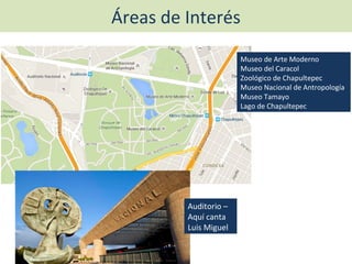 Áreas de Interés
Auditorio –
Aquí canta
Luis Miguel
Museo de Arte Moderno
Museo del Caracol
Zoológico de Chapultepec
Museo Nacional de Antropología
Museo Tamayo
Lago de Chapultepec