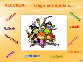 RECORDA!

Llegir ens ajuda a…

VIURE

PLORAR

ESTIMAR
CONÈIXER

VALORAR

…

 