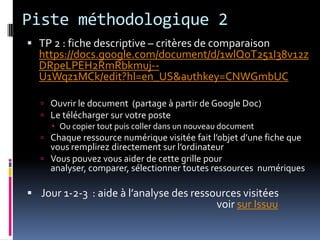 Piste méthodologique 2TP 2 : fiche descriptive – critères de comparaison https://docs.google.com/document/d/1wlQoT251I38v12zDRpeLPEH2RmRbkmuj--U1Wqz1MCk/edit?hl=en_US&authkey=CNWGmbUCOuvrir le document  (partage à partir de Google Doc) Le télécharger sur votre poste Ou copier tout puis coller dans un nouveau documentChaque ressource numérique visitée fait l’objet d’une fiche que vous remplirez directement sur l’ordinateurVous pouvez vous aider de cette grille pour analyser, comparer, sélectionner toutes ressources  numériquesJour 1-2-3  : aide à l’analyse des ressources visitées                   						voir sur Issuu