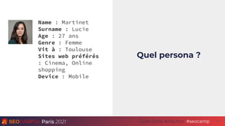 Paris 2021 #seocamp
Cycle Data Analytics 18
Quel persona ?
Name : Martinet
Surname : Lucie
Age : 27 ans
Genre : Femme
Vit à : Toulouse
Sites web préférés
: Cinema, Online
shopping
Device : Mobile
 