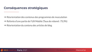 Paris 2021 #seocamp
Cycle Data Analytics
Conséquences stratégiques
19
⇒ Réorientation des contenus des programmes de musculation
⇒ Refonte d’une partie de l’UX Mobile (Taux de rebond : 75,9%)
⇒ Réorientation du contenu des articles de blog
 