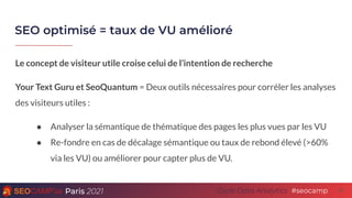 Paris 2021 #seocamp
Cycle Data Analytics
SEO optimisé = taux de VU amélioré
27
Le concept de visiteur utile croise celui d...