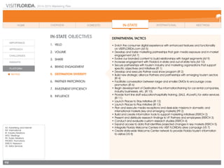 2014-2015 Marketing Plan
A/I: Advertising and Internet
INT: International
IR: Industry Relations
MTG: Meetings
PR: Public Relations
PROMO: Promotions
RSRCH: Research
VS: Visitor Services
112
In-state OBJECTIVES
1.	 Yield
2.	Volume
3.	share
4.	 Brand Engagement
5.	 Destination Diversity
6.	 Partner Partcipation
7.	 Investment Efficiency
8.	Influence
DEPARTMENTAL TACTICS
•	Enrich the consumer digital experience with enhanced features and functionality
	 on VISITFLORIDA.com (A/I 5)
•	Develop and foster marketing partnerships that gain media exposure and in-market
engagement (A/I 7)
•	Evolve our branded content to build relationships with target segments (A/I 9)
•	Increase engagement with Florida’s in-state and out-of-state fans (A/I 10)
•	Secure partnerships with tourism industry and marketing organizations that support
specific objectives and initiatives (IR 1)
•	Develop and execute Partner road show program (IR 2)
•	Build new strategic alliance Partners and partnerships with emerging tourism sectors
(IR 4)
•	Facilitate conversation between larger and smaller DMOs to encourage cross-
promotion (IR 6)
•	Begin development of Destination Plus information/training for car rental companies,
industry businesses, etc. (IR 10)
•	Provide front line staff education/hospitality training, (SALS, #LoveFL) for visitor services
(IR 11)
•	Launch Places to Stay Initiative (IR 12)
•	Launch Places to Play Initiative (IR 13)
•	Plan and execute media receptions and desk-side missions in domestic and
international markets (key and emerging markets) (PR 2)
•	Build and create information tools to support marketing initiatives (RSRCH 2)
•	Present and distribute research findings to VF Partners and employees (RSRCH 3)
•	Conduct and evaluate custom research studies (RSRCH 4)
•	Expand access to data that identifies projected changes in key markets (RSRCH 5)
•	Integrate Florida Welcome Centers into VISIT FLORIDA’s drive campaign (VS 7)
•	Create state-wide Welcome Center network to provide Florida tourism information
to visitors (VS 8)
 