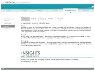 2014-2015 Marketing Plan
137
INSIGHTS
AND OPPORTUNITIES
Changing MARKET landscapes
Core
Even with the recent dip in the currency exchange rate, Canada continues to send approximately 10 percent of its population to
Florida to visit. A strong travel connection between the two countries and a strong Canadian economy should offset any potential
declines resulting from current exchange rate issues. Europe seems to have stabilized after the economic challenges of previous
years, with promising growth from Germany.
Growth
In Brazil, Florida fares well against other U.S. destinations and has excellent prospects for continued strength. However, the rate of
growth from this market has begun to slow - no surprise given the degree of Florida’s dominance.
Emerging
According to the World Tourism Organization, China is the fastest-growing tourism source market in the world. Volume increased to
83 million travelers in 2012 and spending was a record $102 billion. A growing middle class in some emerging markets will continue
to change the map of world tourism.
Across core, growth and emerging markets, five challenges prevail either as barriers to
or predictors of success.
 