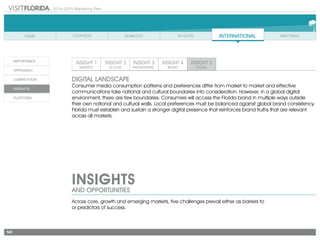 2014-2015 Marketing Plan
141
DIGITAL LANDSCAPE
Consumer media consumption patterns and preferences differ from market to market and effective
communications take national and cultural boundaries into consideration. However, in a global digital
environment, there are few boundaries. Consumers will access the Florida brand in multiple ways outside
their own national and cultural walls. Local preferences must be balanced against global brand consistency.
Florida must establish and sustain a stronger digital presence that reinforces brand truths that are relevant
across all markets.
INSIGHTS
AND OPPORTUNITIES
Across core, growth and emerging markets, five challenges prevail either as barriers to
or predictors of success.
 