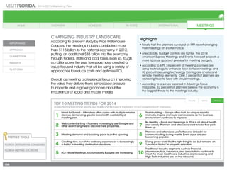 2014-2015 Marketing Plan
156
CHANGING INDUSTRY LANDSCAPE
According to a recent study by Price Waterhouse
Coopers, the meetings industry contributed more
than $115 billion to the national economy in 2012,
putting an additional $88 billion into the economy
through federal, state and local taxes. Even so, tough
conditions over the past few years have created a
value-focused industry that will be using a variety of
approaches to reduce costs and optimize ROI.
Overall, as meeting professionals focus on improving
the value they deliver, there is increased pressure
to innovate and a growing concern about the
importance of social and mobile media.
Highlights
•	Nearly half the planners surveyed by MPI report arranging
their meetings on shorter notice.
•	Anecdotally, budget controls are tighter. The 2014
American Express Meetings and Events Forecast projects a
more rigorous approval process for meeting budgets.
•	According to MPI, 24 percent of meeting planners are
using technology to enhance face-to-face meetings and
30 percent are using technology to integrate on-site and
remote meeting elements. Only 3 percent of planners are
replacing face to face with virtual meetings.
•	According to a survey reported in Meetings Focus
magazine, 52 percent of planners believe the economy is
the biggest threat to the meetings industry.
Partner Tools
Florida Destinations Considered
Florida Meeting Locations
TOP 10 Meeting Trends For 2014
As reported by Benchmark Resorts and Hotels, and featured in the March 2014 ConventionSouth magazine.
Need for Speed – Attendees often come with multiple wireless
devices demanding greater bandwidth availability at
meeting sites.
Teambuilding – Groups often look for unique ways to
motivate, inspire and build camaraderie as the business
environment continues to improve.
Web content is King – Planners increasingly use Google and
other search engines to discover new properties.
Be Healthy – Food and beverage in 2014 is all about health
and variety. Planners and attendees want breaks that perk
them up.
Meeting demand and booking pace is on the upswing.
Planners and attendees use Twitter and LinkedIn for
communicating during events. Event apps are also
becoming popular.
Creating new, out-of-the-ordinary experiences is increasingly
a factor in meeting destination decisions.
Going green feels like the right thing to do, but remains an
“uncritical factor” in property selection.
ROI - More Meetings Accountability. Budgets are increasing.
Traditional industry segments such as financial,
pharmaceutical, insurance, and associations continue to
meet the most. Healthcare industries are increasing and
High Tech industries are on the rebound.
1 6
2 7
3 8
4 9
5 10
 