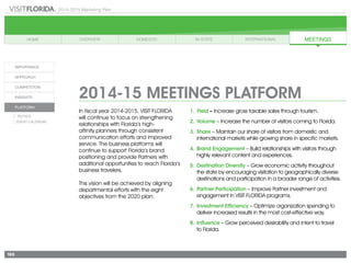 2014-2015 Marketing Plan
A/I: Advertising and Internet
INT: International
IR: Industry Relations
MTG: Meetings
PR: Public Relations
PROMO: Promotions
RSRCH: Research
VS: Visitor Services
169
2014-15 MEETINGS PLATFORM
In fiscal year 2014-2015, VISIT FLORIDA
will continue to focus on strengthening
relationships with Florida’s high-
affinity planners through consistent
communication efforts and improved
service. The business platforms will
continue to support Florida’s brand
positioning and provide Partners with
additional opportunities to reach Florida’s
business travelers.
This vision will be achieved by aligning
departmental efforts with the eight
objectives from the 2020 plan:
1.	Yield – Increase gross taxable sales through tourism.
2.	Volume – Increase the number of visitors coming to Florida.
3.	Share – Maintain our share of visitors from domestic and
international markets while growing share in specific markets.
4.	Brand Engagement – Build relationships with visitors through
highly relevant content and experiences.
5.	Destination Diversity – Grow economic activity throughout
the state by encouraging visitation to geographically diverse
destinations and participation in a broader range of activities.
6.	Partner Participation – Improve Partner investment and
engagement in VISIT FLORIDA programs.
7.	Investment Efficiency – Optimize organization spending to
deliver increased results in the most cost-effective way.
8.	Influence – Grow perceived desirability and intent to travel
	 to Florida.
 
