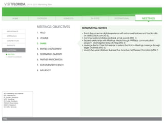 2014-2015 Marketing Plan
A/I: Advertising and Internet
INT: International
IR: Industry Relations
MTG: Meetings
PR: Public Relations
PROMO: Promotions
RSRCH: Research
VS: Visitor Services
172
MEETINGS OBJECTIVES
1.	 Yield
2.	Volume
3.	share
4.	 Brand Engagement
5.	 Destination Diversity
6.	 Partner Partcipation
7.	 Investment Efficiency
8.	Influence
DEPARTMENTAL TACTICS
•	Enrich the consumer digital experience with enhanced features and functionality
	 on VISITFLORIDA.com (A/I 5)
•	Communications Initiative (editorial, email, social) (MTG 1)
•	Expand relationships with Meetings Media through FAM trips, communication
program, and targeted story pitching (MTG 3)
•	Leverage Best in Class Partnerships to extend the Florida Meetings message through
larger channels (MTG 6)
•	Launch two-year initiatives: Business Plus; Incentive; Soft Season Promotion (MTG 7)
 