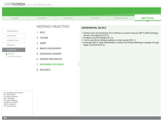 2014-2015 Marketing Plan
A/I: Advertising and Internet
INT: International
IR: Industry Relations
MTG: Meetings
PR: Public Relations
PROMO: Promotions
RSRCH: Research
VS: Visitor Services
176
MEETINGS OBJECTIVES
1.	 Yield
2.	Volume
3.	share
4.	 Brand Engagement
5.	 Destination Diversity
6.	 Partner Partcipation
7.	 Investment Efficiency
8.	Influence
DEPARTMENTAL TACTICS
•	Gather input and feedback from Partners to evolve/ improve VISIT FLORIDA strategy
service and relevance (IR 5)
•	Analytics and ROI Initiative (IR 15)
•	Communications Initiative (editorial, email, social) (MTG 1)
•	Leverage Best in Class Partnerships to extend the Florida Meetings message through
larger channels (MTG 6)
 