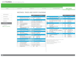 2014-2015 Marketing Plan
A/I: Advertising and Internet
INT: International
IR: Industry Relations
MTG: Meetings
PR: Public Relations
PROMO: Promotions
RSRCH: Research
VS: Visitor Services
178
Date Location
JULY 2014
DMAI 98th Annual Convention 7/21-23/2014 Las Vegas, NV
MAZDA Race Planner Event - Indy TBD Indianapolis, IN
AUGUST 2014
MP MPI-WEC 8/2-5/2014 Minneapolis, MN
MP MPI-SEC 8/13-16/2014 Fort Lauderdale, FL
MP Connect Marketplace 8/21-23/2014 Orlando, FL
MP
Connect Marketplace
VF Reception
8/21-23/2014 Orlando, FL
SYTA 8/22-26/2014 Toronto, Canada
MAZDA Race Planner Event -
Kansas Speedway
TBD Kansas City, KS
SEPTEMBER 2014
Florida Governor's Conference 9/22-24/2014 Boca Raton, FL
OCTOBER 2014
MP IMEX America 10/14-16/2014 Las Vegas, NV
MP Rejuvenate Marketplace 10/28-30/2014 Atlanta, GA
NOVEMBER 2014
DEMA Dive Show 11/19-22/2014 Las Vegas, NV
VISIT FLORIDA TRADE EVENT - Georgia TBD Atlanta, GA
VISIT FLORIDA TRADE EVENT - Boston TBD Boston, MA
DECEMBER 2014
Florida Encounter 12/3-5/2014 Fort Lauderdale, FL
JANUARY 2015
MP
PCMA Annual Meeting:
Convening Leaders
1/11-14/2015 Chicago, IL
One Travel Conference 1/19-21/2015 Fairfax, VA
The New York Times Travel Show 1/23-25/2015 New York, NY
Diversity Summit TBD TBD
Date Location
FEBRUARY 2015
VISIT FLORIDA Trade Event - Dallas TBD Dallas, TX
MARCH 2015
VIP - Midwest (St. Louis or Minneapolis) TBD Minneapolis, MN
VISIT FLORIDA TRADE EVENT - Chicago TBD Chicago, IL
MP VIP - Boston TBD Boston, MA
APRIL 2015
MP VIP - Chicago TBD Chicago, IL
VIP - Dallas TBD Dallas, TX
MAZDA Race Planner Event -
Road Atlanta
TBD Braselton, GA
MAY 2015
The Players Championship 5/14-17/2015 Jacksonville, FL
VISIT FLORIDA TRADE EVENT - Philadelphia TBD Philadelphia, PA
MP VIP - Atlanta TBD Atlanta, GA
MP VIP - Washington DC TBD Washington, D.C.
JUNE 2015
MP Collaborate Marketplace TBD Orlando, FL
MP AIBTM TBD Chicago, IL
MP VIP - New York TBD New York, NY
MEETINGS, TRADE AND EVENTS CALENDAR
Italicized denotes a program produced by VISIT FLORIDA
MP Denotes VIP Meeting Planner Events
VISIT FLORIDA Trade Events
Meeting Planner Trade Shows and Conferences
Group/Tour Operator Marketplaces
Consumer Travel Shows
 