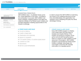 2014-2015 Marketing Plan
4
Create Value & Add Value
CO-OP IS CRITICAL
CLARITY COMES FIRST
SOMETHING FOR EVERYONE
Quality vs. Quantity
If It’s Worth Doing, It’s Worth Doing Right
CONTENT IS CORE
Innovation
Best-in-Class Partnerships
Create Value & Add Value
Every VISIT FLORIDA program or initiative
must create value and add value for
travelers and industry Partners. If the
industry can produce a program at the
same cost and with the same impact,
there is no reason for VISIT FLORIDA to invest
resources in the program. VISIT FLORIDA
programs must provide the Florida tourism
industry a strategic advantage and
must inspire consumers with valuable
information or a valuable service.
marketing principles
VISIT FLORIDA’s Vision – to establish Florida as the
No.1 travel destination in the world – is ambitious
but achievable. To succeed, VISIT FLORIDA must
build a strategic marketing platform that aligns the
collective interests of the Florida tourism industry and
provides integrated marketing opportunities for the
industry to leverage.
In order to ensure that VISIT FLORIDA is maximizing
the impact of its marketing resources (money,
time and relationships), the organization has
adopted a set of Marketing Principles that drives
all strategic thinking:
 